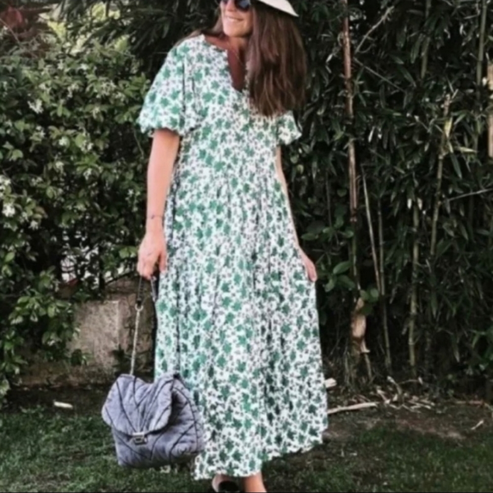 Zara oyster white green floral print dress